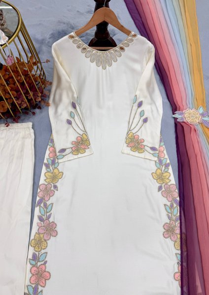 Charismatic OffWhite Kaftan with Neck Cutwork and Rainbow Sequin Embroidery Ready To Wear Collection
