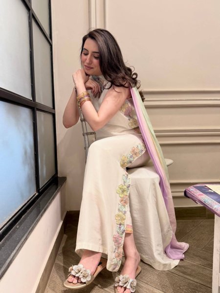 Charismatic OffWhite Kaftan with Neck Cutwork and Rainbow Sequin Embroidery Ready To Wear Collection