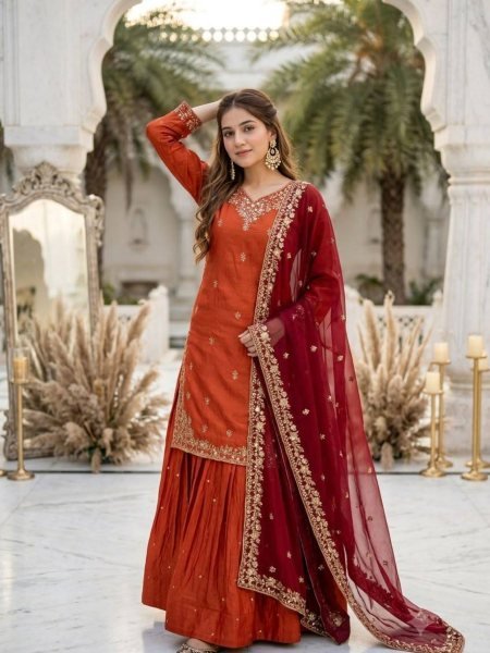 Charismatic Orange Fandy Silk Embroidered Lehenga Set With Georgette Dupatta Direct Mill Price Ready To Wear Suit