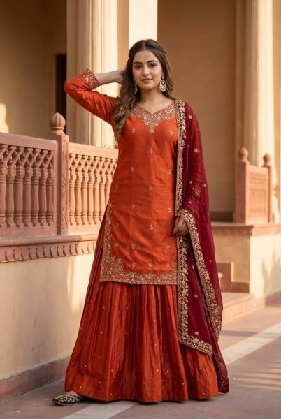 Charismatic Orange Fandy Silk Embroidered Lehenga Set With Georgette Dupatta Direct Mill Price Ready To Wear Collection