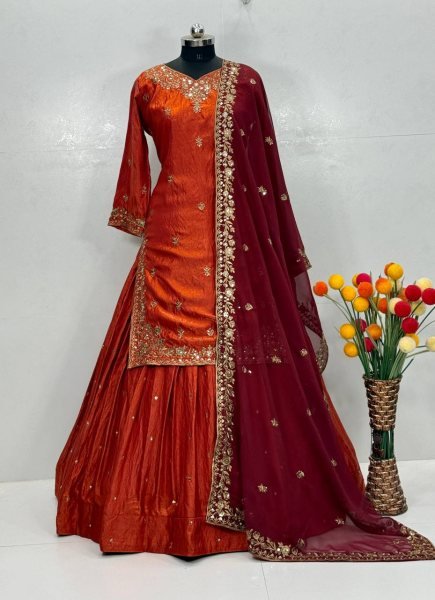 Charismatic Orange Fandy Silk Embroidered Lehenga Set With Georgette Dupatta Direct Mill Price Ready To Wear Collection