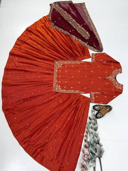 Charismatic Orange Fandy Silk Embroidered Lehenga Set With Georgette Dupatta Direct Mill Price Ready To Wear Collection
