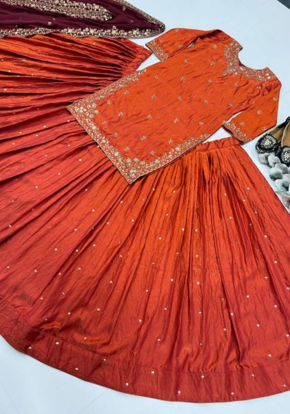 Charismatic Orange Fandy Silk Embroidered Lehenga Set With Georgette Dupatta Direct Mill Price Ready To Wear Collection