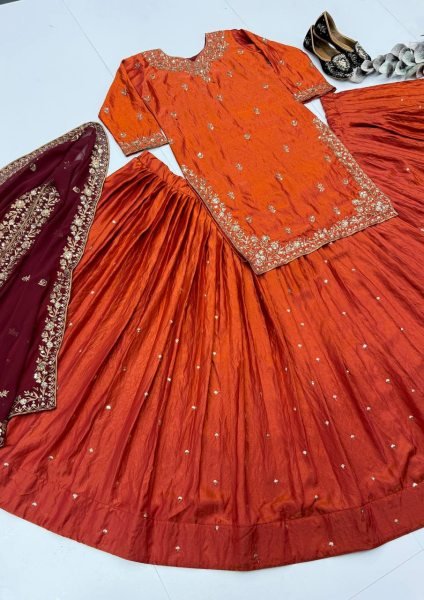 Charismatic Orange Fandy Silk Embroidered Lehenga Set With Georgette Dupatta Direct Mill Price Ready To Wear Collection