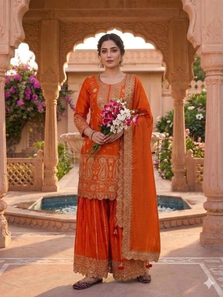 Charismatic Orange Sharara Set with Dupatta for Wedding and Festive Wear Ready To Wear Suit