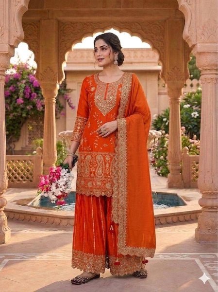 Charismatic Orange Sharara Set with Dupatta for Wedding and Festive Wear Ready To Wear Collection