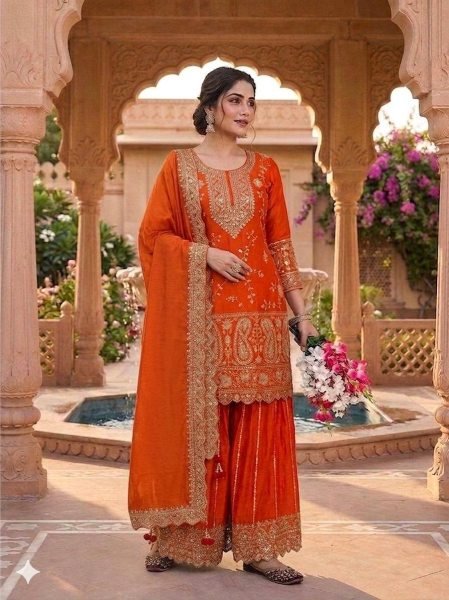 Charismatic Orange Sharara Set with Dupatta for Wedding and Festive Wear Ready To Wear Collection