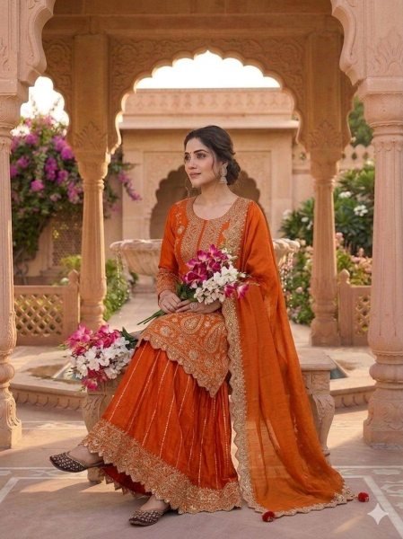 Charismatic Orange Sharara Set with Dupatta for Wedding and Festive Wear Ready To Wear Collection