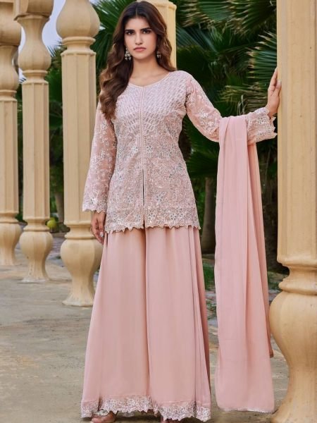 Charismatic Peach Faux Georgette 3 Piece Set with Heavy Sequins Cutwork Work For Wedding Ready To Wear Suit