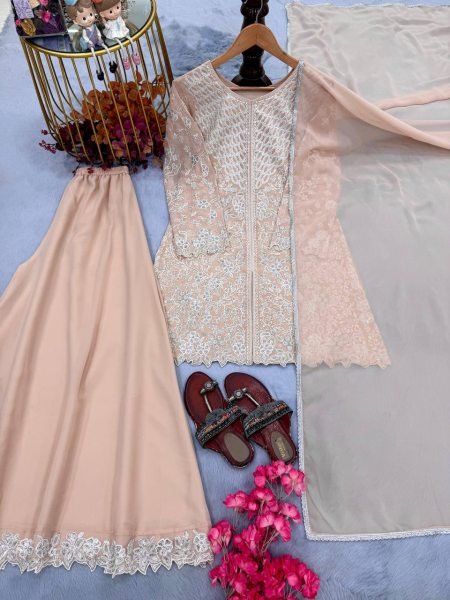 Charismatic Peach Faux Georgette 3 Piece Set with Heavy Sequins Cutwork Work For Wedding Ready To Wear Collection