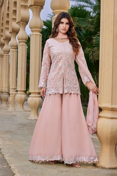 Charismatic Peach Faux Georgette 3 Piece Set with Heavy Sequins Cutwork Work For Wedding Ready To Wear Collection