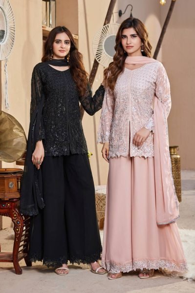 Charismatic Peach Faux Georgette 3 Piece Set with Heavy Sequins Cutwork Work For Wedding Ready To Wear Collection