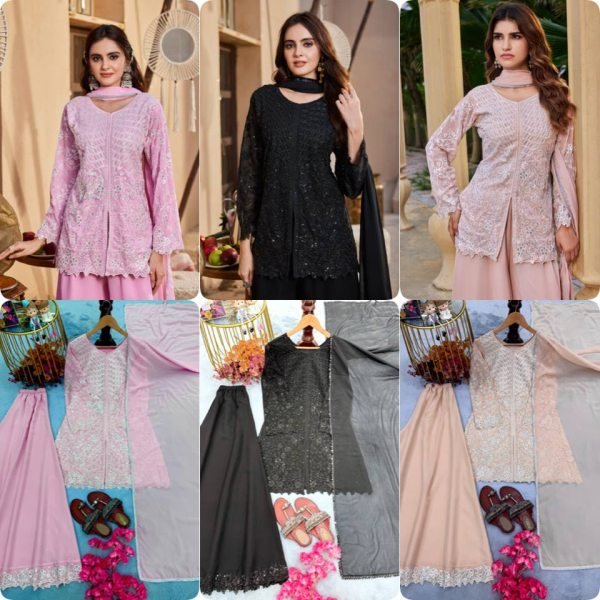 Charismatic Peach Faux Georgette 3 Piece Set with Heavy Sequins Cutwork Work For Wedding Ready To Wear Collection
