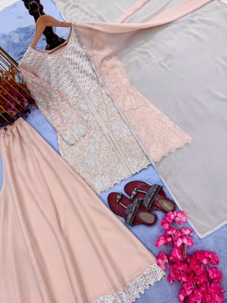 Charismatic Peach Faux Georgette 3 Piece Set with Heavy Sequins Cutwork Work For Wedding Ready To Wear Collection