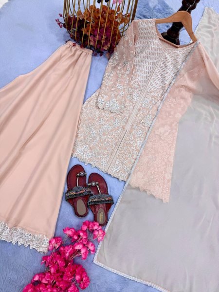 Charismatic Peach Faux Georgette 3 Piece Set with Heavy Sequins Cutwork Work For Wedding Ready To Wear Collection
