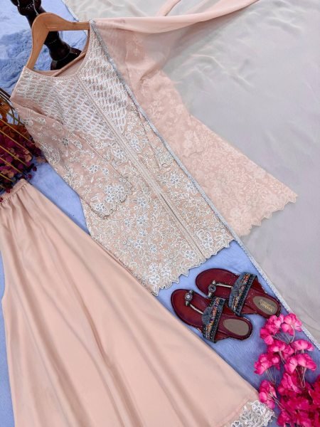Charismatic Peach Faux Georgette 3 Piece Set with Heavy Sequins Cutwork Work For Wedding Ready To Wear Collection