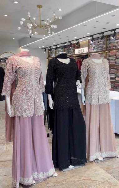Charismatic Peach Faux Georgette 3 Piece Set with Heavy Sequins Cutwork Work For Wedding Ready To Wear Collection