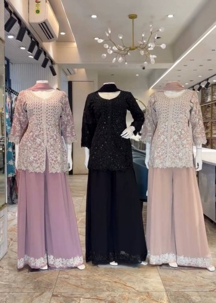 Charismatic Peach Faux Georgette 3 Piece Set with Heavy Sequins Cutwork Work For Wedding Ready To Wear Collection