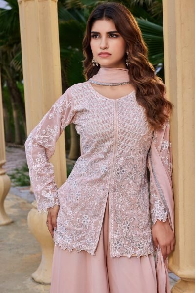 Charismatic Peach Faux Georgette 3 Piece Set with Heavy Sequins Cutwork Work For Wedding Ready To Wear Collection