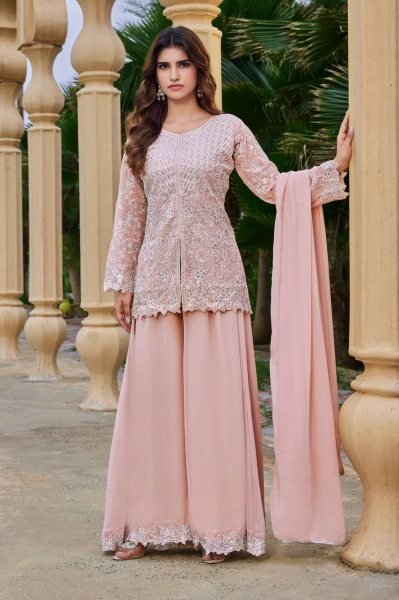 Charismatic Peach Faux Georgette 3 Piece Set with Heavy Sequins Cutwork Work For Wedding Ready To Wear Collection