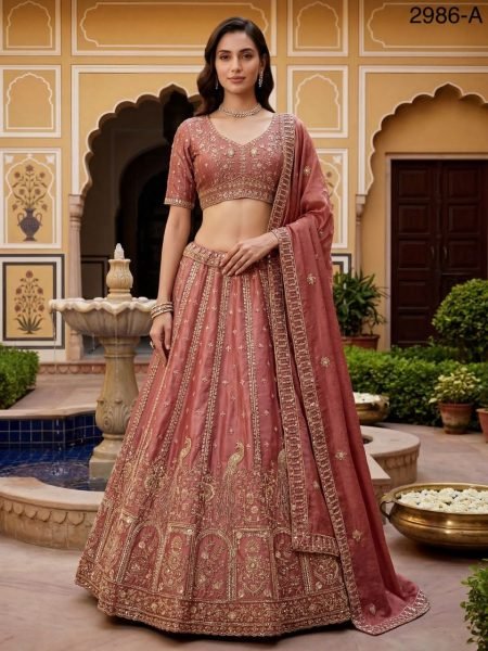 Charismatic Peach Heavy Embroidery Lehenga Choli for Grand Function Wear Bridal Lehenga Choli