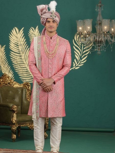Charismatic Pink Designer Banarasi Jacquard Kurta with Heavy Hand Embroidery Work Mens Wear