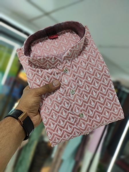Charismatic Pink Designer Thai Silk Kurta with Lucknowi Embroidery and Cotton Pajama 