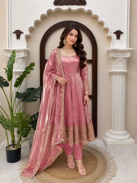 Charismatic Pink Fendy Silk Gown Pant Set with Thread Sequins Embroidery and Dupatta Ready To Wear Suit