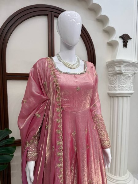 Charismatic Pink Fendy Silk Gown Pant Set with Thread Sequins Embroidery and Dupatta Ready To Wear Collection