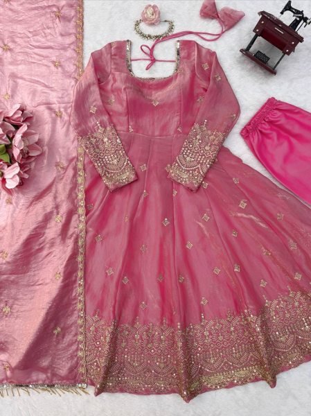 Charismatic Pink Fendy Silk Gown Pant Set with Thread Sequins Embroidery and Dupatta Ready To Wear Collection