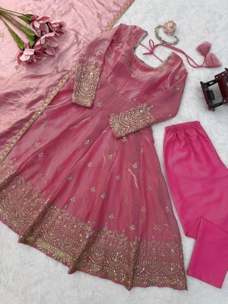 Charismatic Pink Fendy Silk Gown Pant Set with Thread Sequins Embroidery and Dupatta Ready To Wear Collection