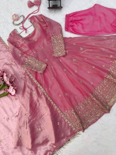 Charismatic Pink Fendy Silk Gown Pant Set with Thread Sequins Embroidery and Dupatta Ready To Wear Collection