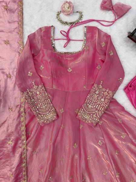 Charismatic Pink Fendy Silk Gown Pant Set with Thread Sequins Embroidery and Dupatta Ready To Wear Collection