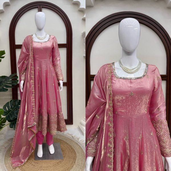 Charismatic Pink Fendy Silk Gown Pant Set with Thread Sequins Embroidery and Dupatta Ready To Wear Collection