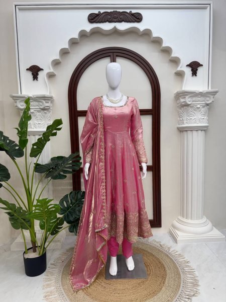 Charismatic Pink Fendy Silk Gown Pant Set with Thread Sequins Embroidery and Dupatta Ready To Wear Collection