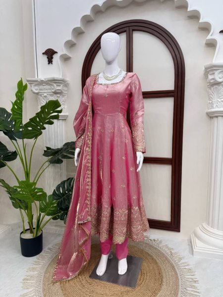Charismatic Pink Fendy Silk Gown Pant Set with Thread Sequins Embroidery and Dupatta Ready To Wear Collection