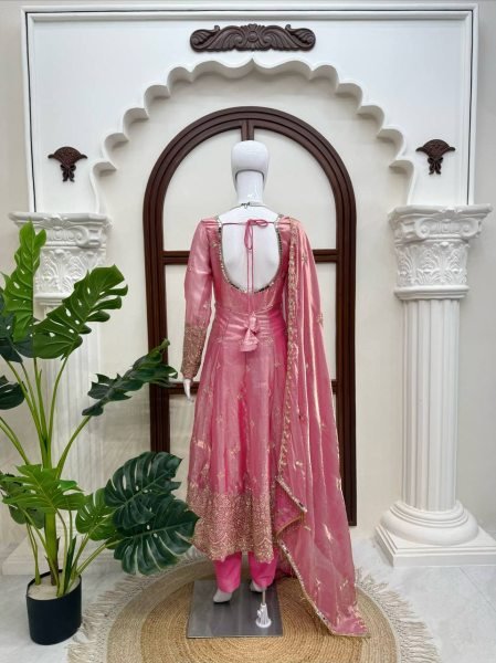Charismatic Pink Fendy Silk Gown Pant Set with Thread Sequins Embroidery and Dupatta Ready To Wear Collection