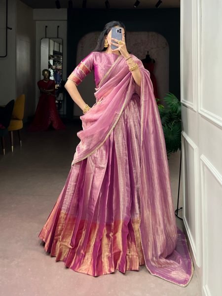 Charismatic Pink Royal Zari Tissue Lehenga Choli with Lace Border Dupatta for Festival 
