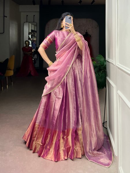 Charismatic Pink Royal Zari Tissue Lehenga Choli with Lace Border Dupatta for Festival Designer Lehenga Choli