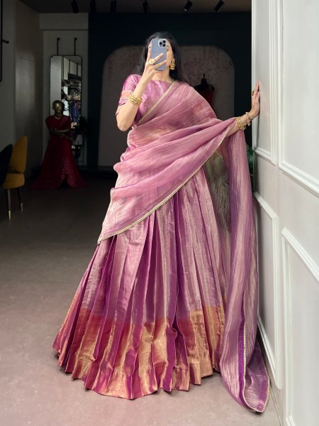 Charismatic Pink Royal Zari Tissue Lehenga Choli with Lace Border Dupatta for Festival Designer Lehenga Choli