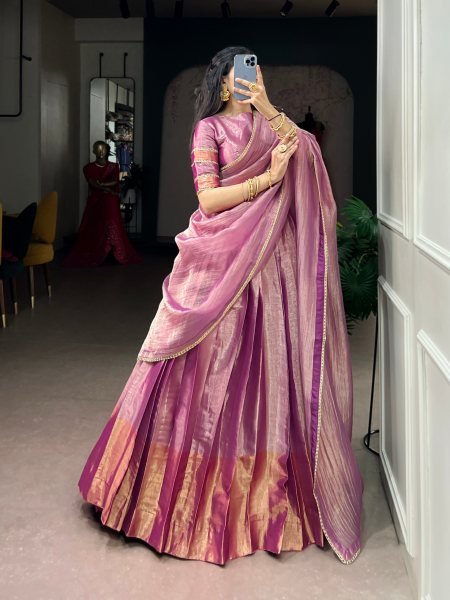 Charismatic Pink Royal Zari Tissue Lehenga Choli with Lace Border Dupatta for Festival Designer Lehenga Choli