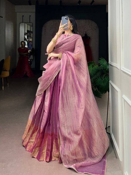 Charismatic Pink Royal Zari Tissue Lehenga Choli with Lace Border Dupatta for Festival Designer Lehenga Choli