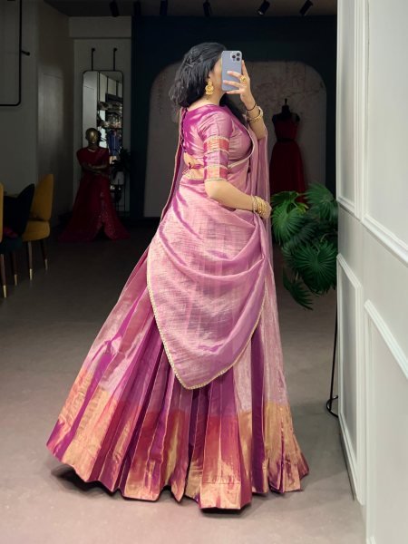 Charismatic Pink Royal Zari Tissue Lehenga Choli with Lace Border Dupatta for Festival Designer Lehenga Choli
