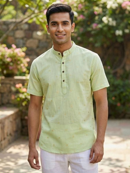 Charismatic Pista Designer Linen Cotton Half Sleeve Kurta for Men 