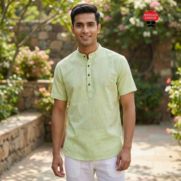 Charismatic Pista Designer Linen Cotton Half Sleeve Kurta for Men Mens Shirt
