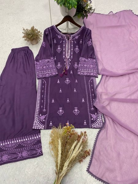 Charismatic Purple Elegant Rayon Palazzo Suit with Paper Mirror Embroidery for Wedding Wear Ready To Wear Collection
