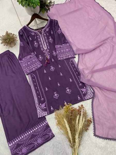 Charismatic Purple Elegant Rayon Palazzo Suit with Paper Mirror Embroidery for Wedding Wear Ready To Wear Collection