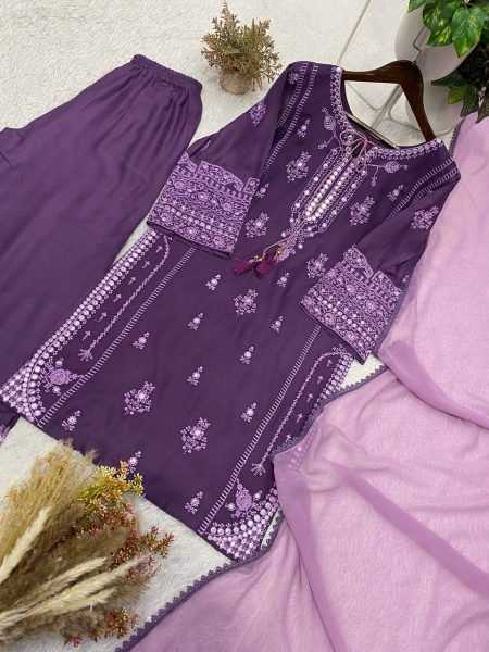 Charismatic Purple Elegant Rayon Palazzo Suit with Paper Mirror Embroidery for Wedding Wear Ready To Wear Collection