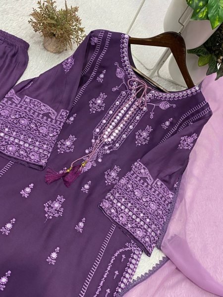 Charismatic Purple Elegant Rayon Palazzo Suit with Paper Mirror Embroidery for Wedding Wear Ready To Wear Collection