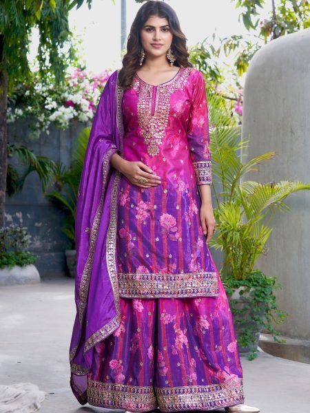 Charismatic Purple Wedding Wear Purple Chinon Printed Embroidered Suit with Designer Dupatta Salwar Kameez